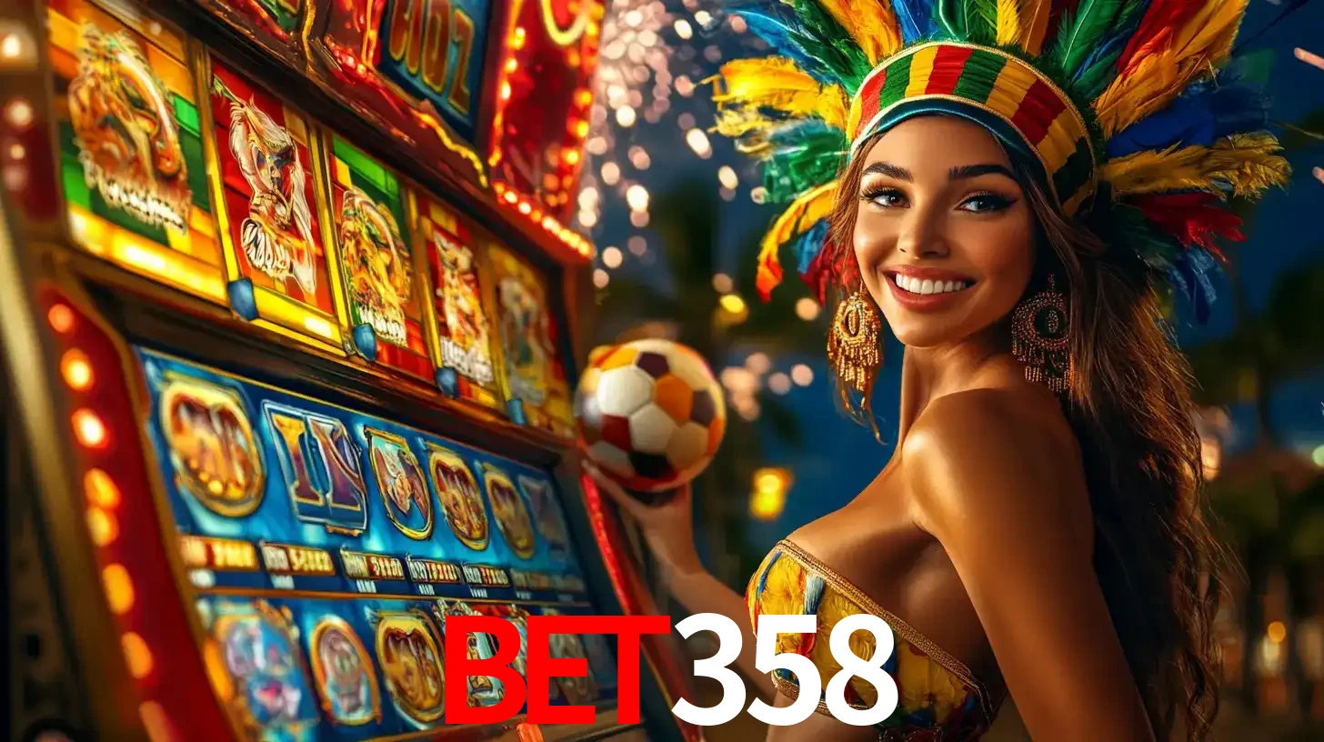 Mulher com um cocar de carnaval ao lado de uma máquina de caça-níqueis enquanto segura uma bola de futebol, mostrando a união da diversão de cassino e esportes no bet358.