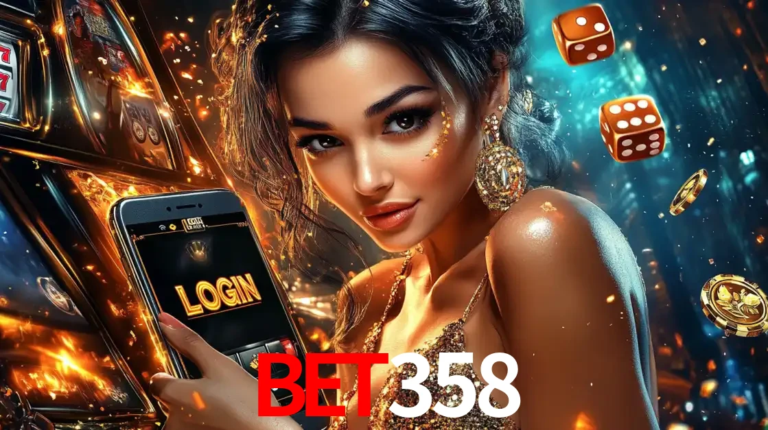 Mulher glamourosa segurando um celular com a tela de login do cassino bet358, rodeada por dados e moedas douradas, pronta para começar a diversão.