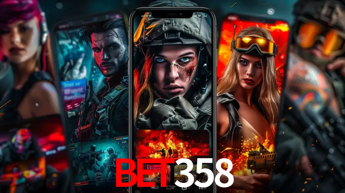 Montagem de telas de celular mostrando diversos personagens, masculinos e femininos, de um jogo de tiro, ilustrando a diversidade de equipes de e-sports para apostar no bet358.