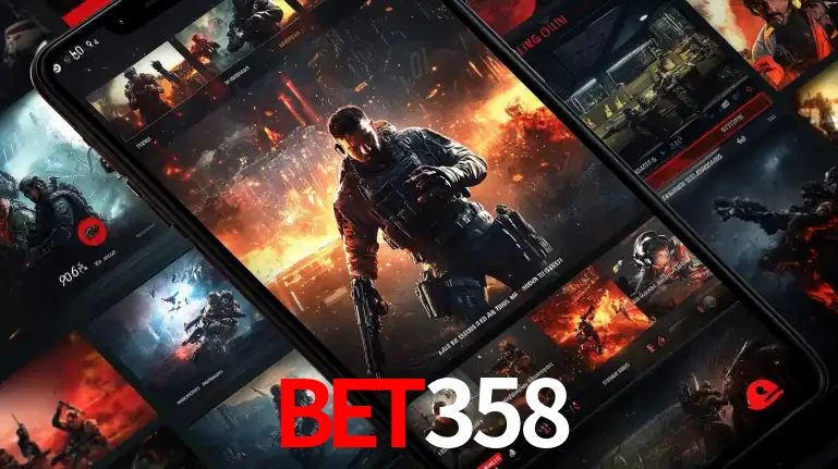 Tela de um celular exibindo uma galeria de jogos de tiro com temática militar, mostrando a variedade de e-sports disponíveis para apostas na plataforma de entretenimento bet358.