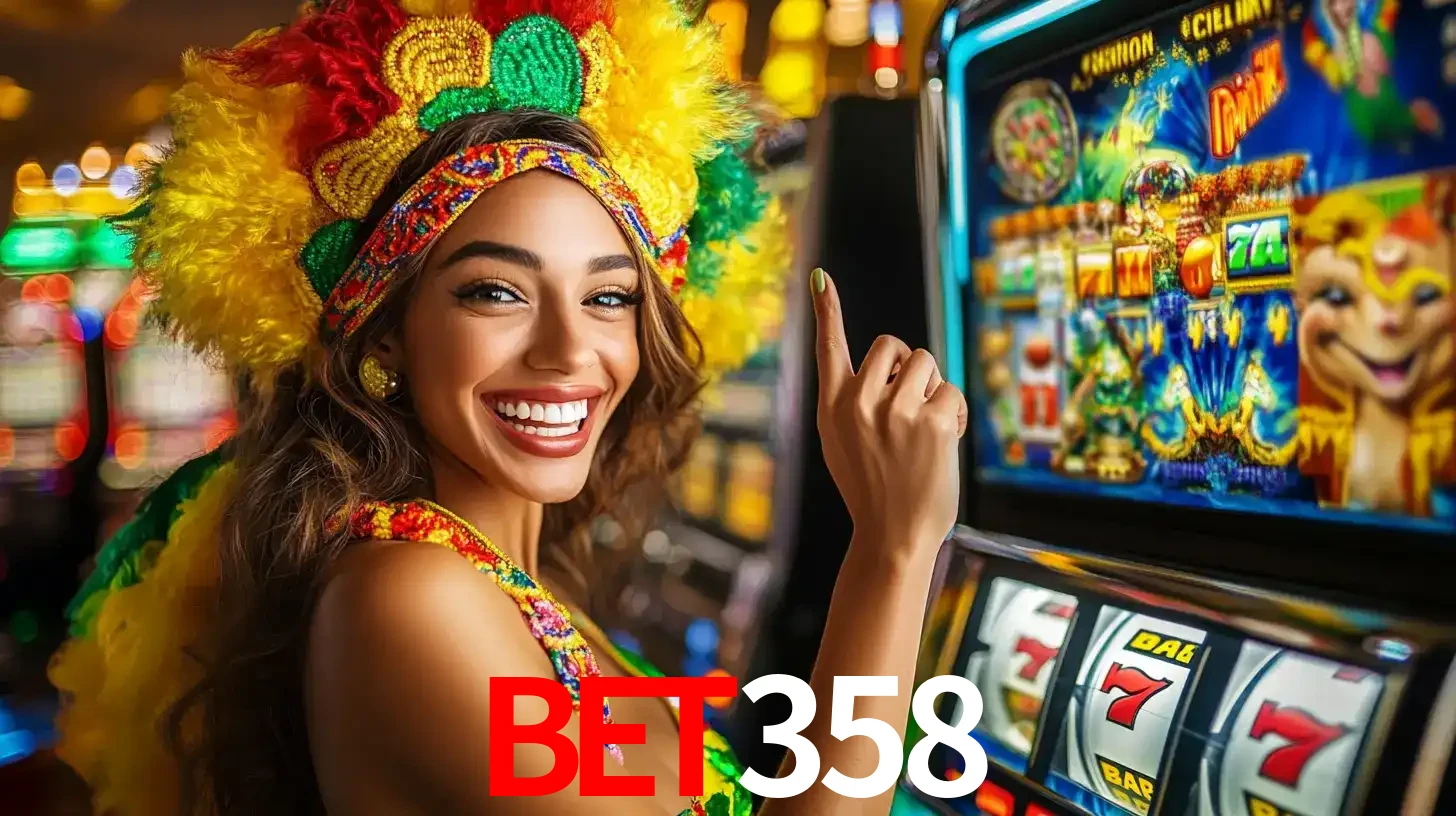 Mulher animada com um cocar de carnaval apontando para uma máquina de caça-níqueis, mostrando a emoção de ganhar um grande prêmio nos jogos do bet358.