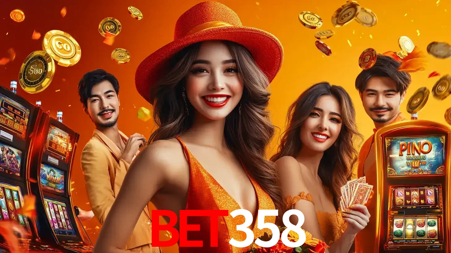 Grupo de amigos asiáticos sorrindo e se divertindo com máquinas de caça-níqueis em um ambiente festivo, celebrando suas vitórias nos jogos de cassino do bet358.