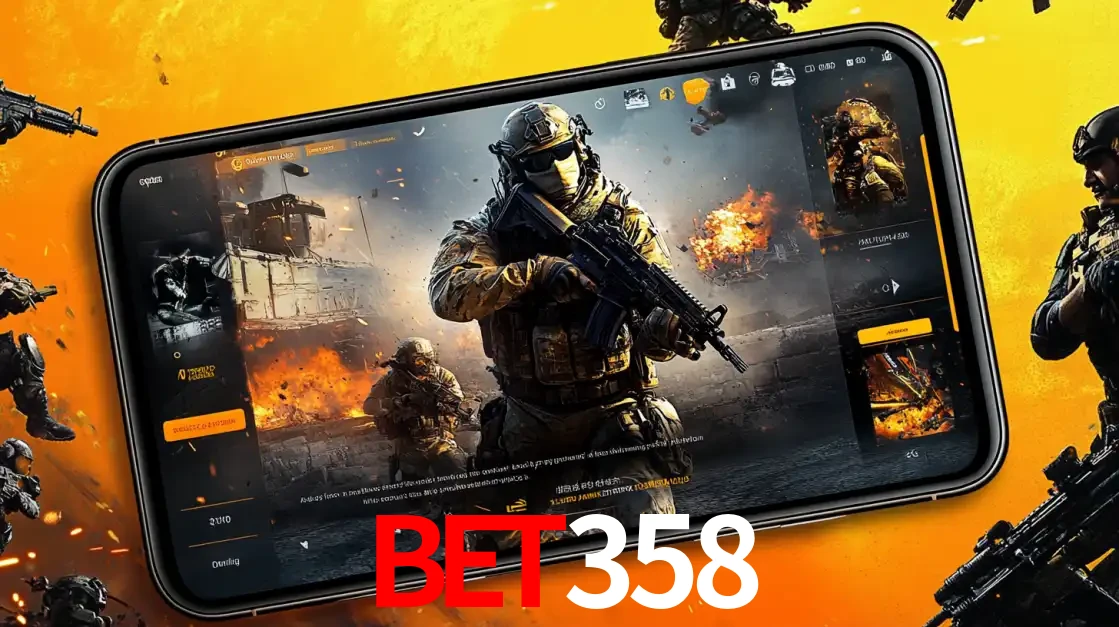Um smartphone exibindo a interface de um jogo de tiro em primeira pessoa, com um soldado em um cenário de batalha, representando a ação dos e-sports para apostar no bet358.