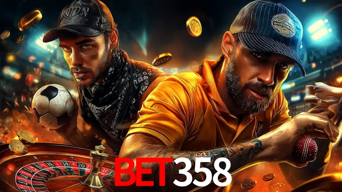 Montagem de apostas esportivas e cassino no bet358, com um homem segurando uma bola de futebol e outro uma de beisebol sobre uma roleta e moedas voadoras.