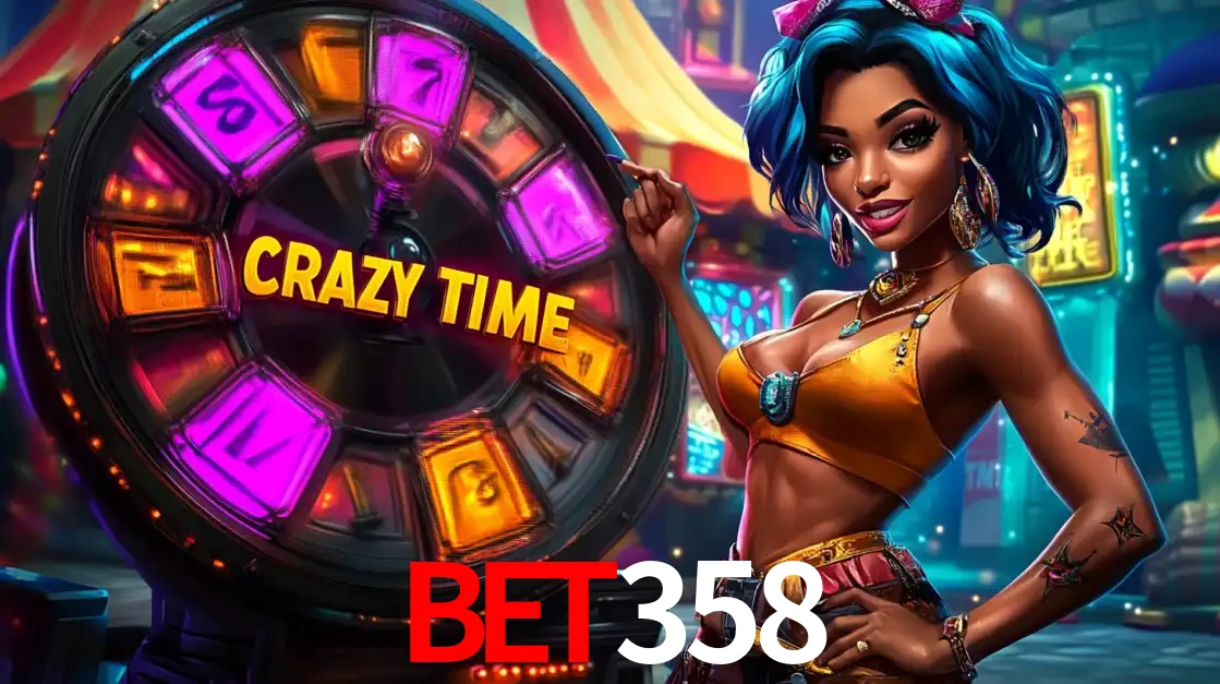 Mulher estilizada com cabelo azul e visual vibrante posando ao lado da roda de prêmios do game show Crazy Time, convidando para a diversão e os bônus do cassino bet358.