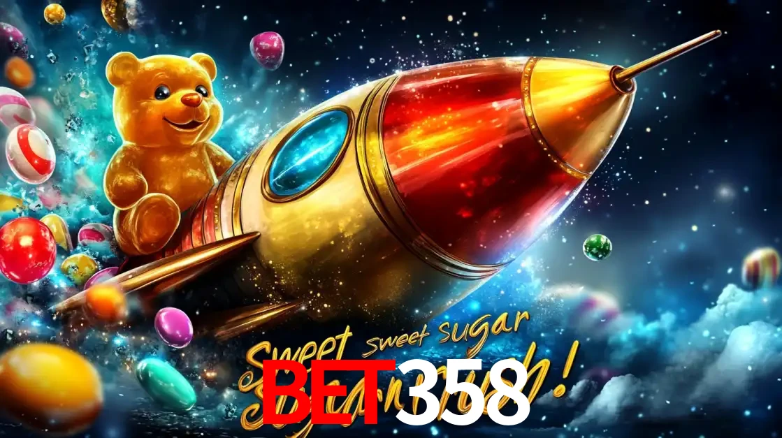 Arte promocional do jogo de slot Sugar Rush, com um urso de pelúcia em um foguete viajando pelo espaço de doces, um dos jogos divertidos disponíveis no cassino bet358.