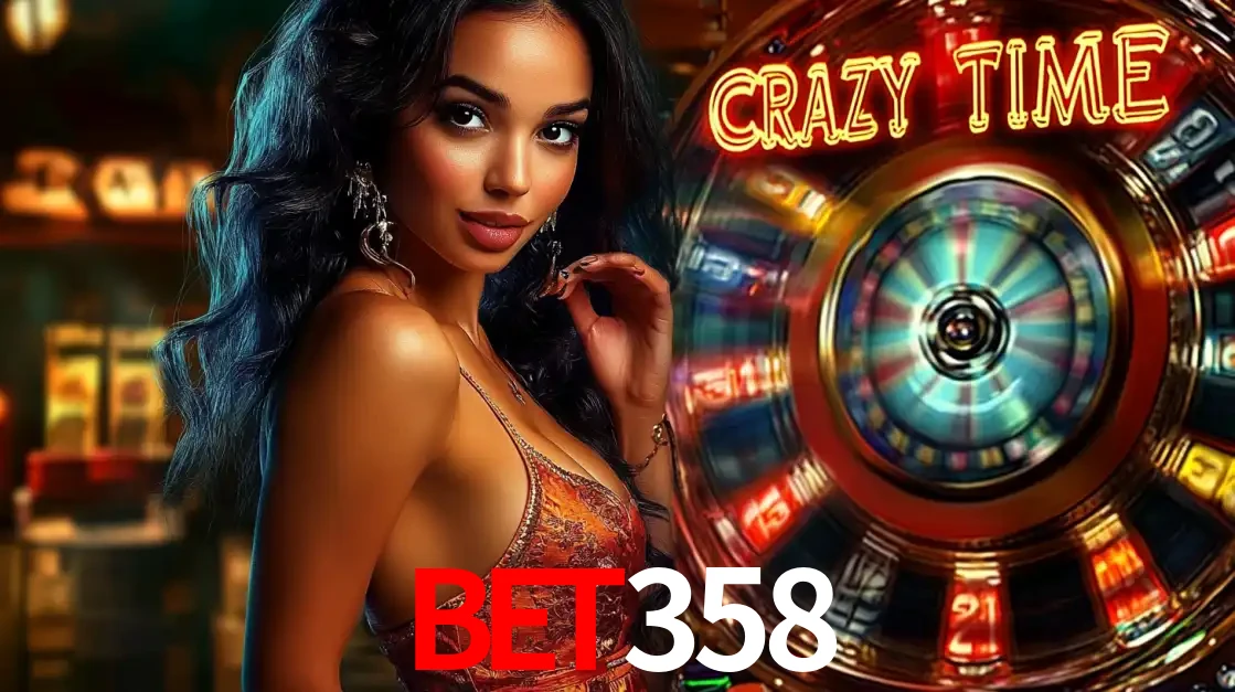 Mulher elegante ao lado da vibrante roda da fortuna do jogo de cassino ao vivo Crazy Time, um dos game shows mais populares e cheios de prêmios do bet358.