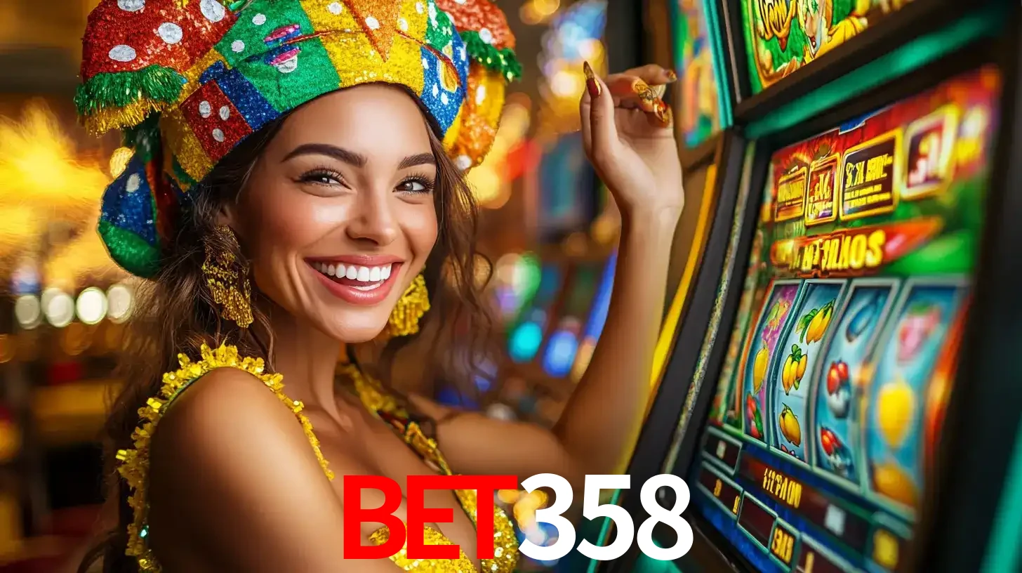 Mulher feliz com traje de carnaval amarelo e colorido ao lado de uma máquina de caça-níqueis, aproveitando a diversão e os jogos temáticos do cassino bet358.