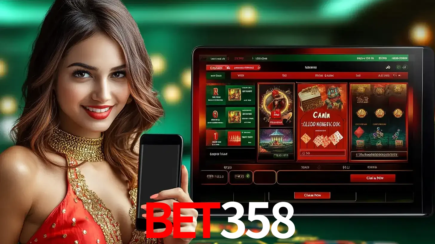 Mulher sorridente segurando um smartphone, ao lado de uma tela exibindo o lobby de jogos do cassino online bet358, com várias opções de jogos de cartas e slots.
